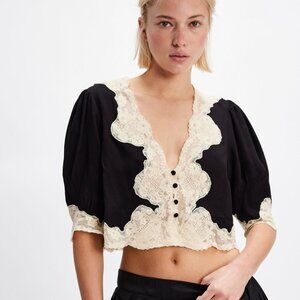 Rixo ‘Yasmin’ Lace & Crepe Cropped Top
